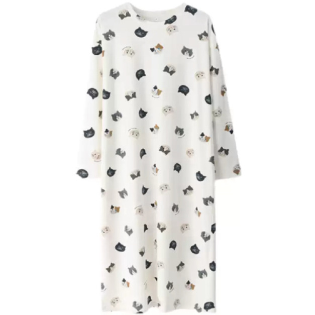 日本-貓咪印花莫代爾綿睡衣-長袖裙 日本-貓咪印花莫代爾綿睡衣-長袖裙