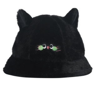 黑色毛絨小貓耳朵漁夫帽 黑色毛絨小貓耳朵漁夫帽