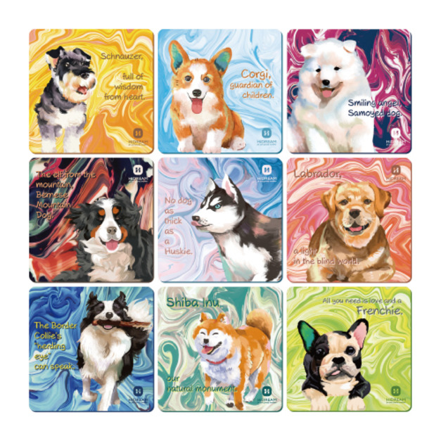 HiDREAM 狗狗插畫冰箱貼杯墊 (一套九款)