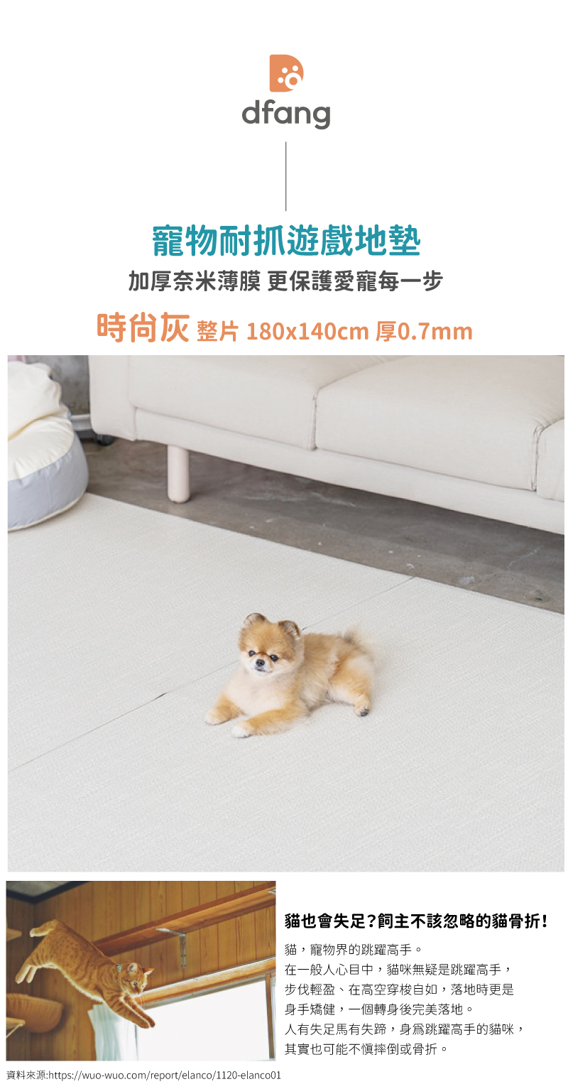 韓國製 dfang迪邦 奈米膜耐抓寵物遊戲地墊-時尚灰 (180x140cm整片式加厚款)