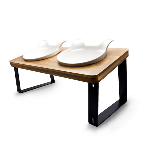 喵體工學貓型陶瓷碗架-兩口白色碗