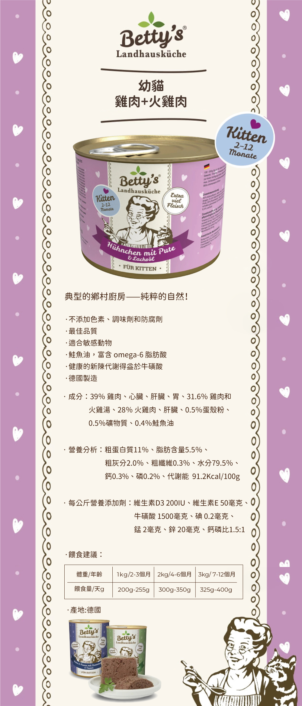 Betty’s 蓓蒂奶奶 貓咪無穀主食罐-幼貓 雞肉+火雞肉 200gx6入