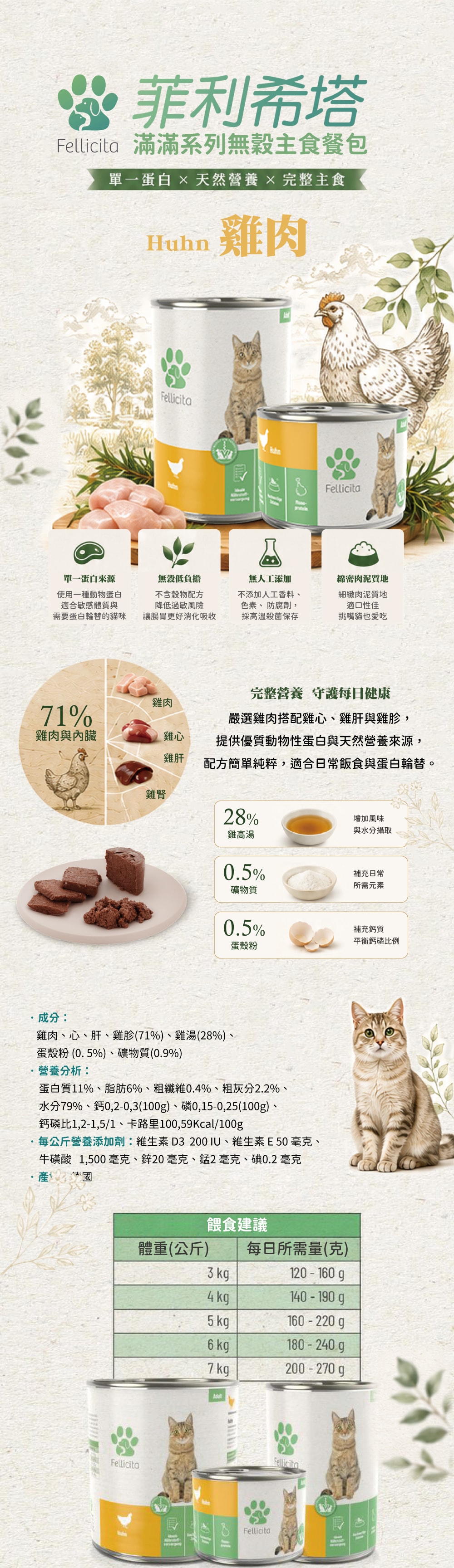 Fellicita 菲利希塔 滿滿系列無穀主食罐-雞肉(單一肉源) 400gx6入