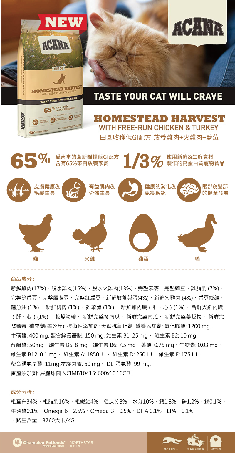 ACANA 愛肯拿 田園收穫低GI配方-放養雞肉+火雞肉+藍莓 1.8kg