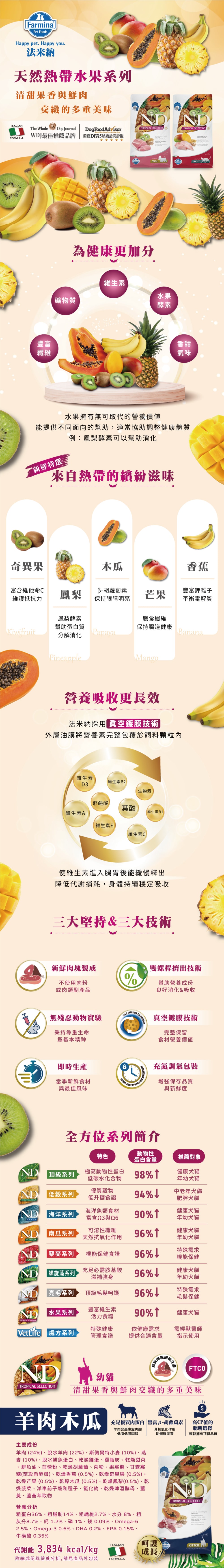 Farmina 法米納 天然熱帶水果貓糧-全齡貓 FTC0 羊肉木瓜 300g