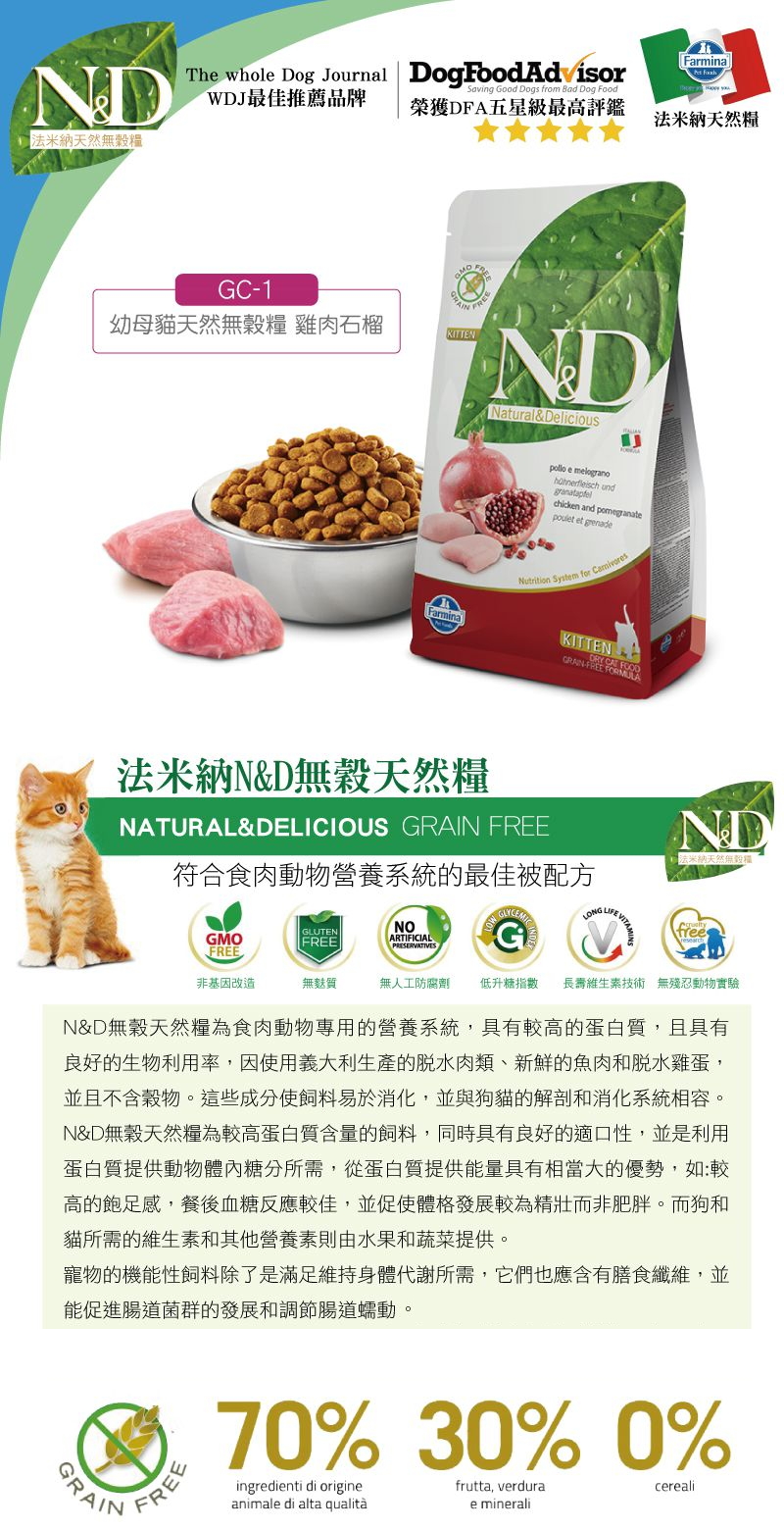 Farmina法米納ND挑嘴幼、母貓天然無穀糧-雞肉石榴 5kg