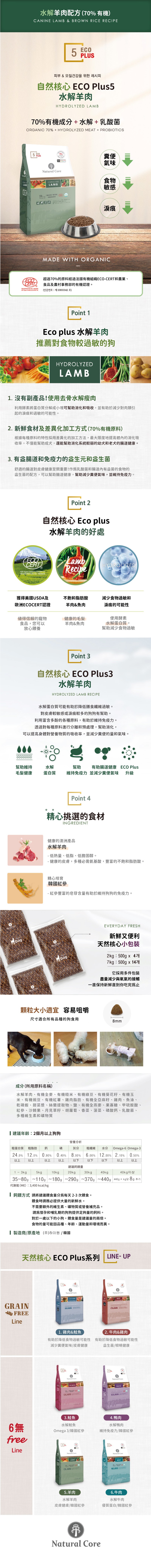 韓國 NATURAL CORE 自然核心 ECO Plus系列狗糧-ECO+5有機70%羊肉 7kg
