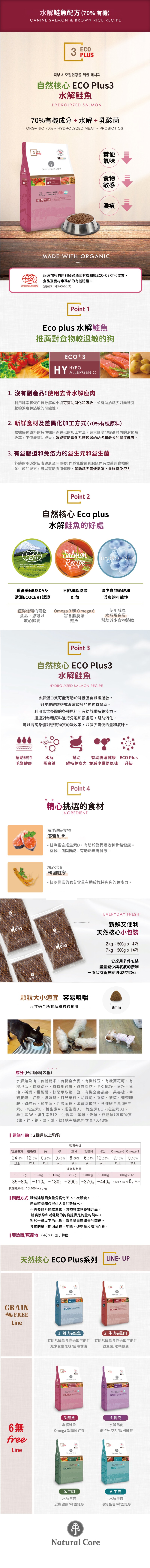 韓國 NATURAL CORE 自然核心 ECO Plus系列狗糧-ECO+3有機70%鮭魚 7kg