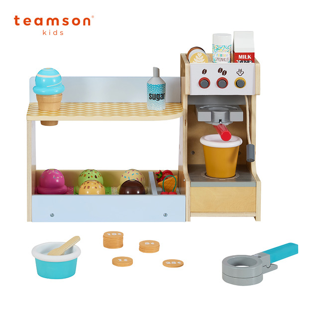 【Teamson kids】木製冰淇淋咖啡機攤販豪華玩具組(附小畫板)