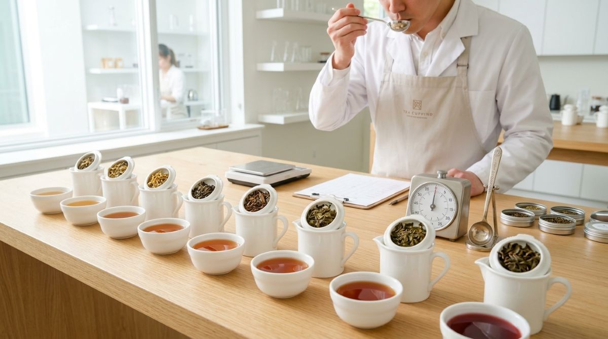 專業茶葉感官評鑑盲測現場:天平秤茶、精準計時與ISO標準品評流程