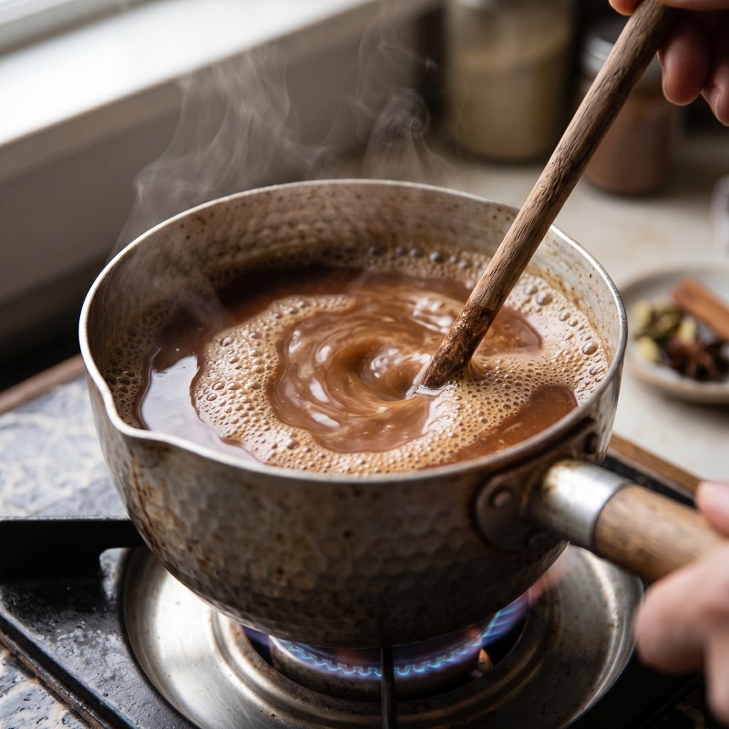日式雪平鍋微火慢煮鮮奶茶:木匙輕攪與鍋邊微沸細緻泡沫技巧示範