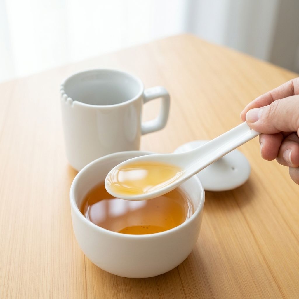 專業茶葉感官品評示範:白瓷審茶匙舀起純白品茗碗中的澄澈茶湯特寫