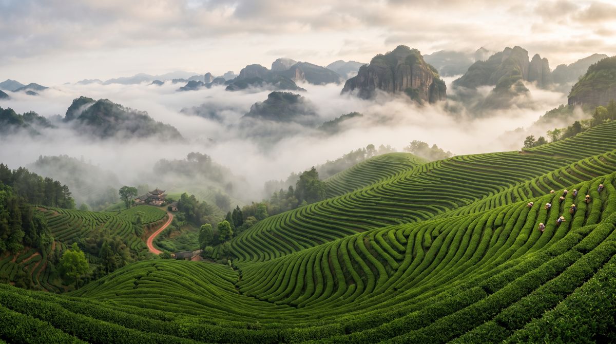 中國高山茶園梯田與縹緲雲海風光:世界第一大茶葉生產國與茶文化發源地