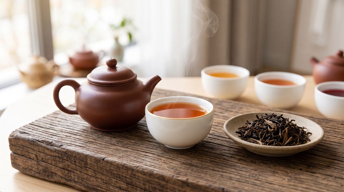 陳年老茶沖泡品鑑特寫:宜興紫砂壺淬鍊透亮紅寶石茶湯與自然陳化烏褐茶葉
