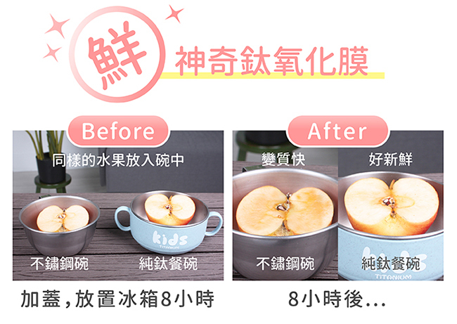 純鈦兒童學習杯注水碗組 加上蓋子保存蘋果維持新鮮 與一般碗收納蘋果的對照