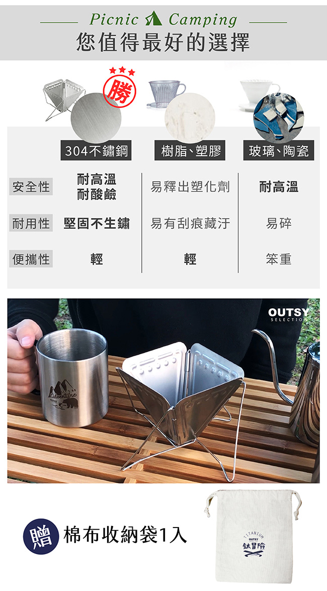 304不鏽鋼焚火台式折疊咖啡濾杯 濾架 特性優點表格 附贈棉布收納袋