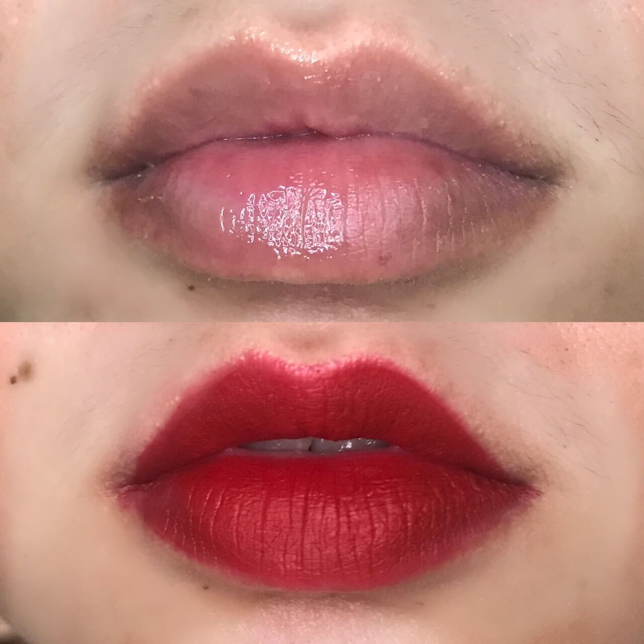 使用護唇精華後的唇膏示範