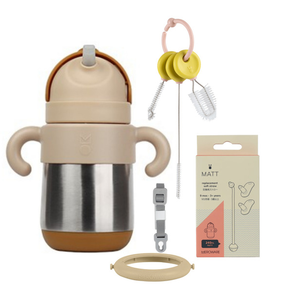 日本MEROWARE MATT 6小時保溫 兒童水壺組清潔組 (保溫吸管杯+隨行背帶+替換吸管組+TEDDY清潔刷)