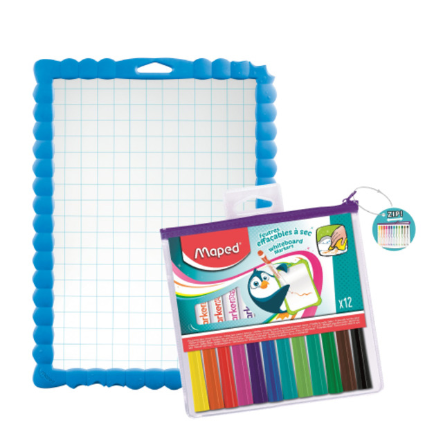 【法國Maped】抗斷裂透明書寫板+兒童安全白板筆12色