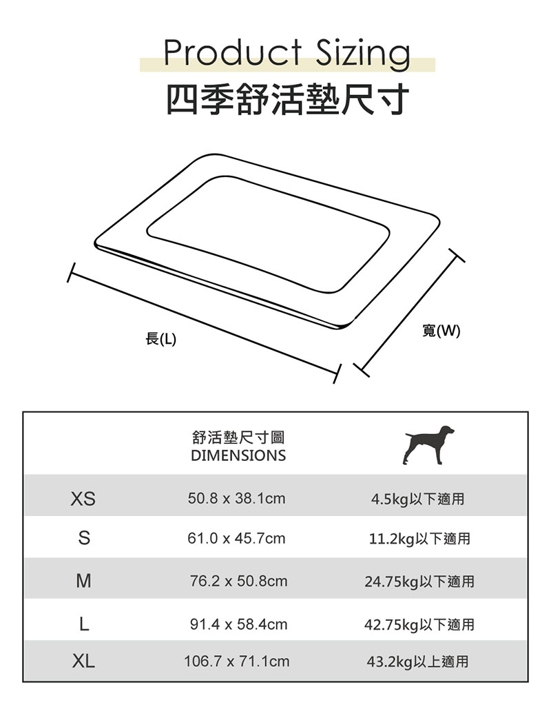 P.L.A.Y. 四季舒活墊 XS 至 XL 尺寸與建議體重表