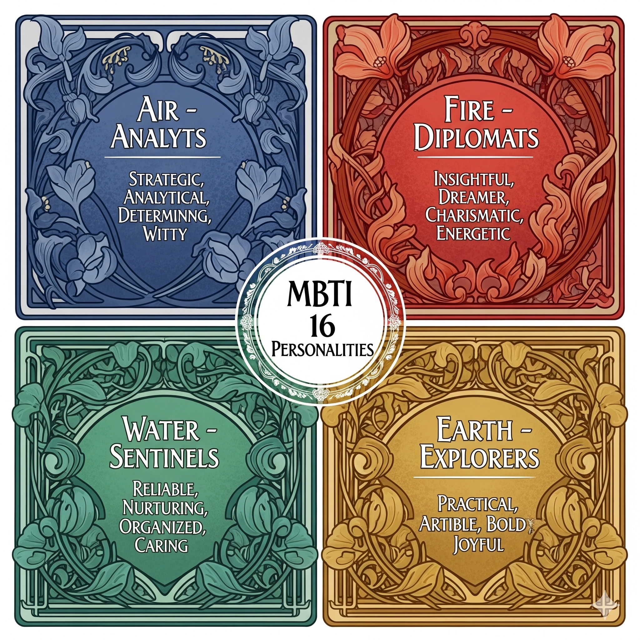 MBTI × 動物原型的四象限元素總覽(風、火、水、土)