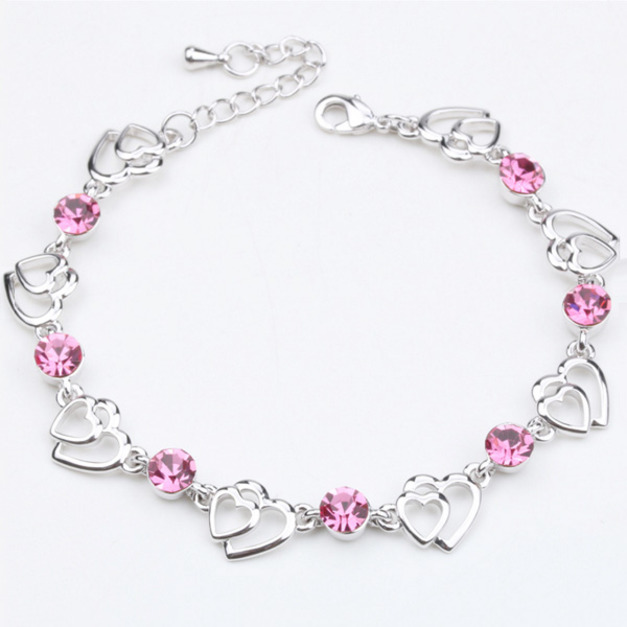甜美晶鑽雙桃心鑲玫紅鑽手環 甜美晶鑽雙桃心鑲玫紅鑽手環