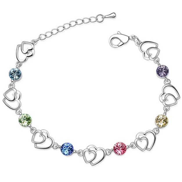 甜美晶鑽雙桃心鑲六彩鑽手環 甜美晶鑽雙桃心鑲六彩鑽手環