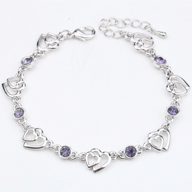 甜美晶鑽雙桃心鑲粉紫鑽手環 甜美晶鑽雙桃心鑲粉紫鑽手環