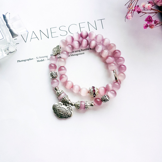 吉祥長命鎖多層串珠限量紫色貓眼石手鍊 吉祥長命鎖多層串珠限量紫色貓眼石手鍊