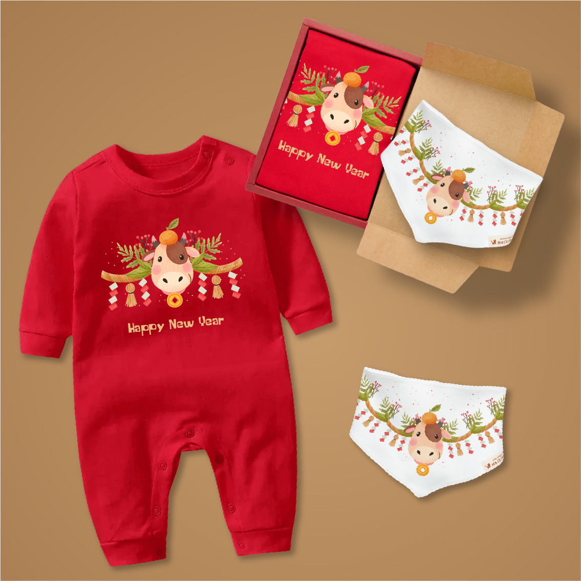 牛到吉祥 嬰兒禮盒2件組 長袖連身衣紅+三角巾 寶寶姓名客製 新年 春節 禮物 2021