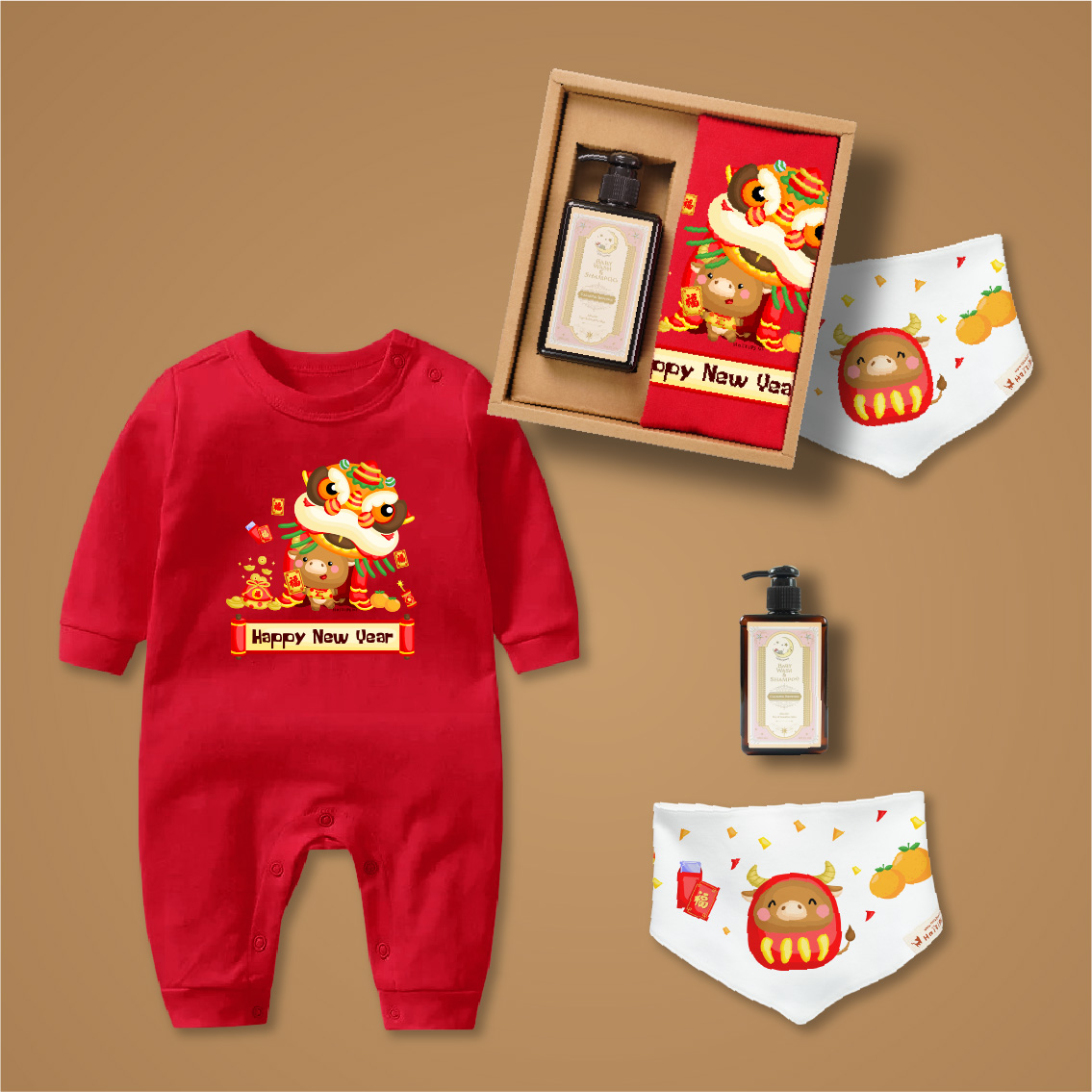 帶財福牛舞獅 嬰兒禮盒3件組  長袖連身衣紅+三角巾+沐浴露 寶寶姓名客製 新年 春節 禮物 2021