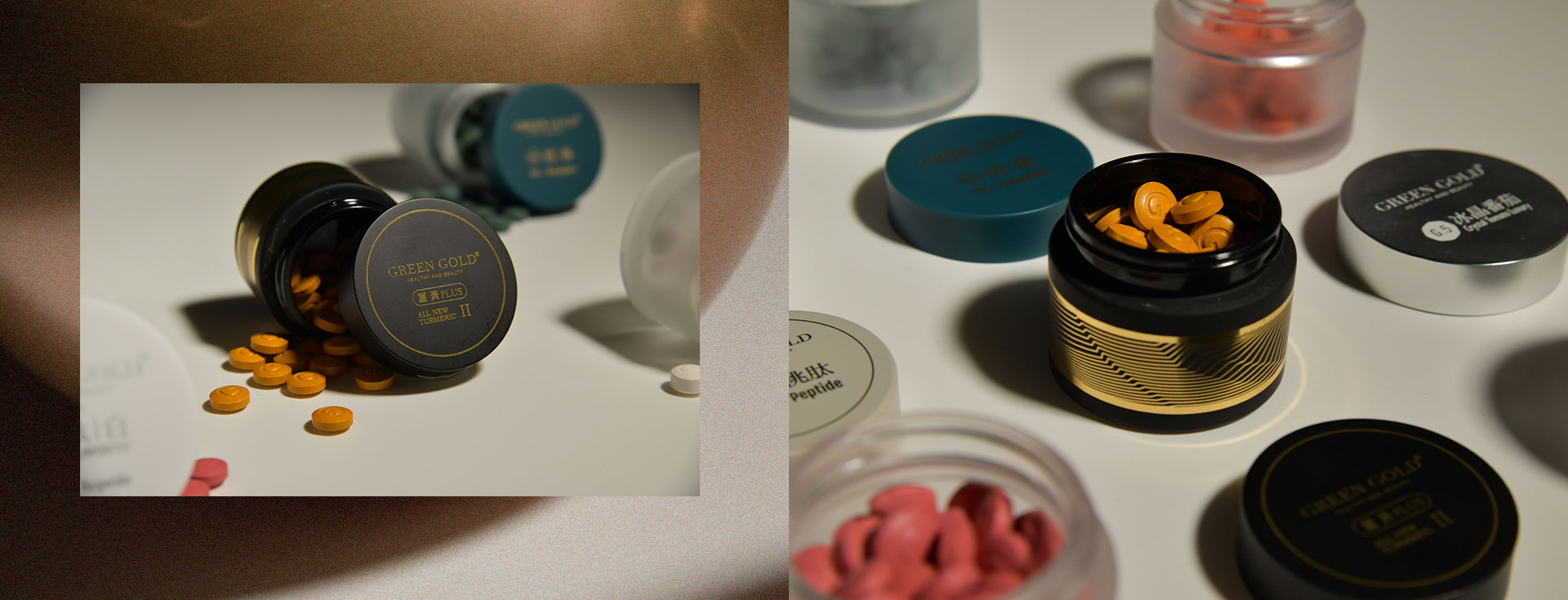 Green Gold 薑黃PLUS-蛋奶素,黑胡椒萃取提升薑黃,富含天然維生素C的西印度櫻桃、降低血脂血糖以及幫助減重的酵母鉻、消除自由基和促進燃燒代謝的褐藻素、調節免疫力和預防肌膚問題的甘草萃取、抗發炎並美化肌膚的菸鹼醯胺、保肝解酒、抗氧化又輔助放鬆助眠的芝麻萃取、幫助體內抗氧化的維生素E、幫助代謝循環的維生素B1和B2、細胞和神經系統、血紅素和造血運作正常必須的維生素B6和B12。推薦給代謝出了問題且瘦不下來的人、時常外食熱量過高營養不均的人、免疫力出了問題時常感冒的人、循環不佳時常經痛、手腳冰冷的人、皮膚狀況多或時常發炎的人、酗酒熬夜作息不正常的人、壓力大少運動又睡眠品質不佳的人。