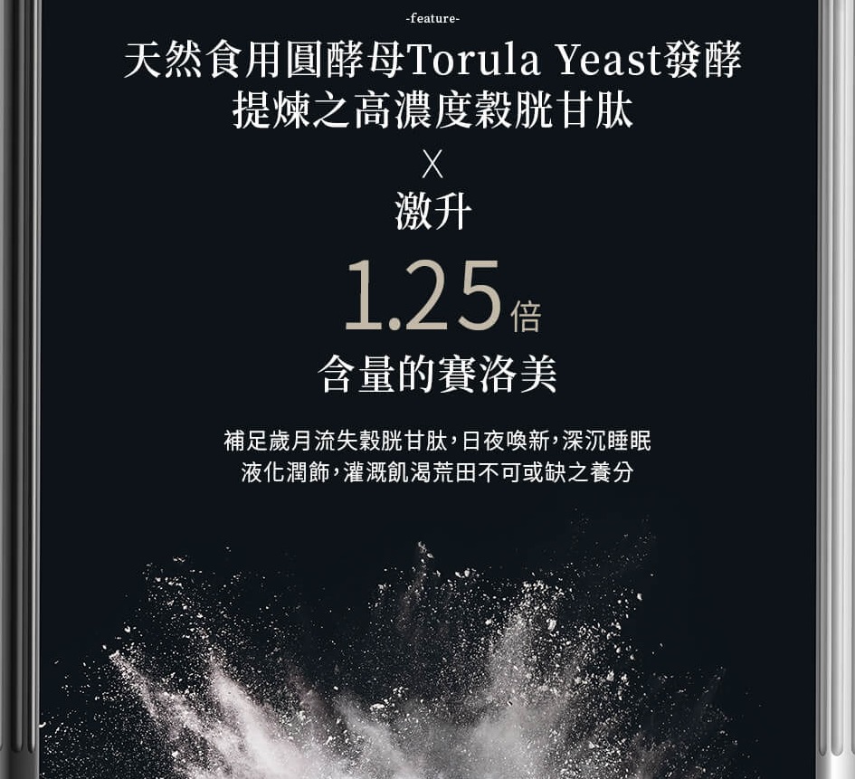 天然食用圓酵母Torula Yeast發酵提煉之高濃度穀胱甘肽激升1.25倍含量賽洛美 補足歲月流失穀胱甘肽 日夜喚新 深沉睡眠 液化潤飾 灌溉飢渴荒田不可或缺之養分