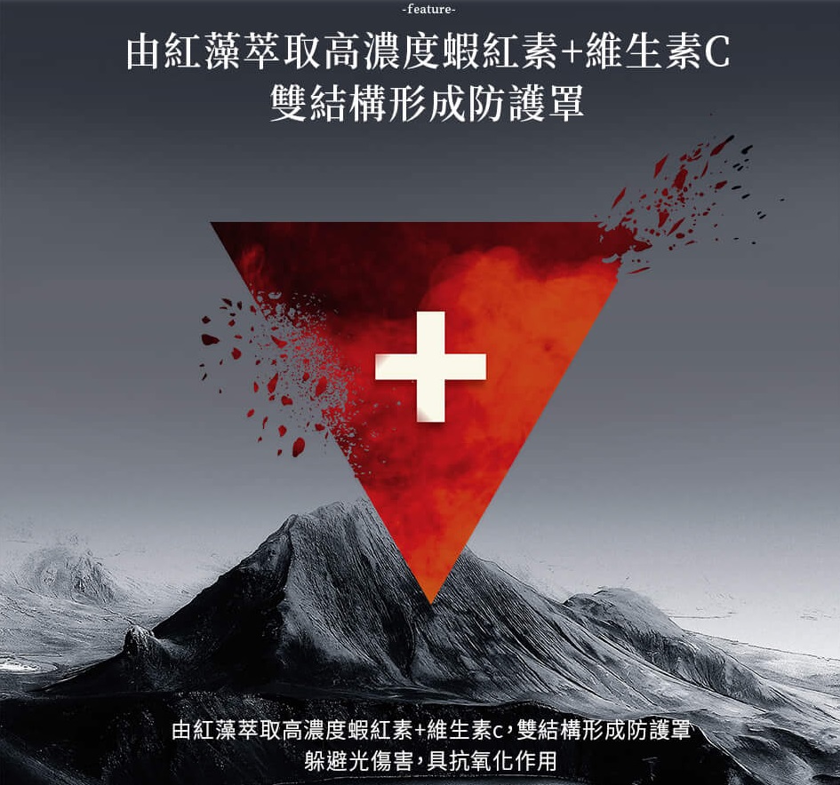 由紅藻萃取高濃度蝦紅素 維生素C 雙結構形成防護罩 躲避光傷害具抗氧化作用
