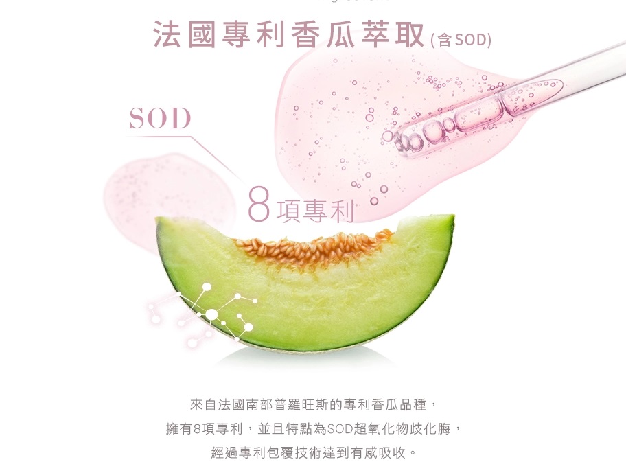 法國專利香瓜萃取SOD 來自法國南部普羅旺斯的專利香瓜品種 擁有8項專利 並且特點為SOD超氧化物歧化脢 經過專利包覆技術達到有感吸收