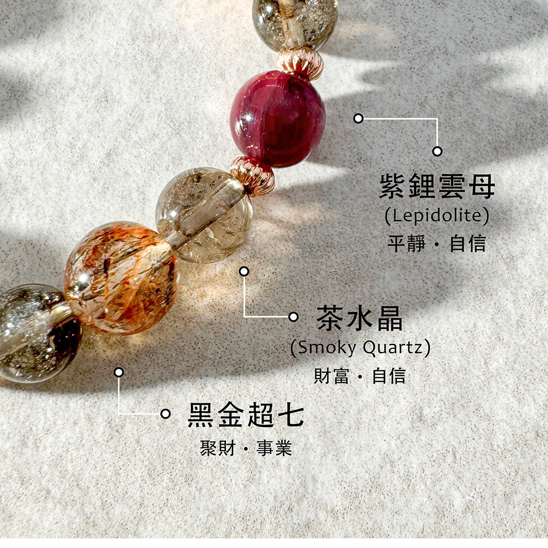 茶水晶 ‧ 紫鋰雲母 ‧ 黑金超七