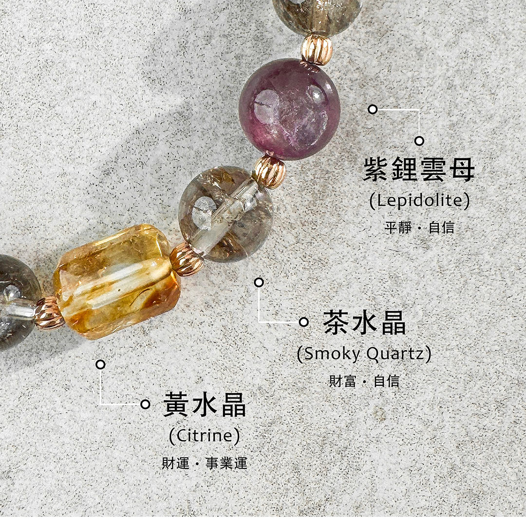 茶水晶 ‧ 紫鋰雲母 ‧ 黃水晶