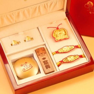 寶寶金璽彌月金飾禮盒-實木印章金飾五件套組 寶寶金璽彌月金飾禮盒-實木印章金飾五件套組