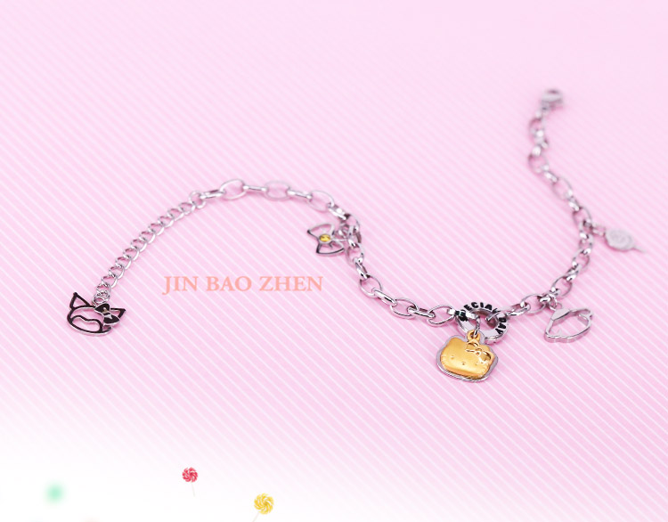 HelloKitty垂墜式手鍊,黃金加白鋼搭配施華洛世奇水鑽