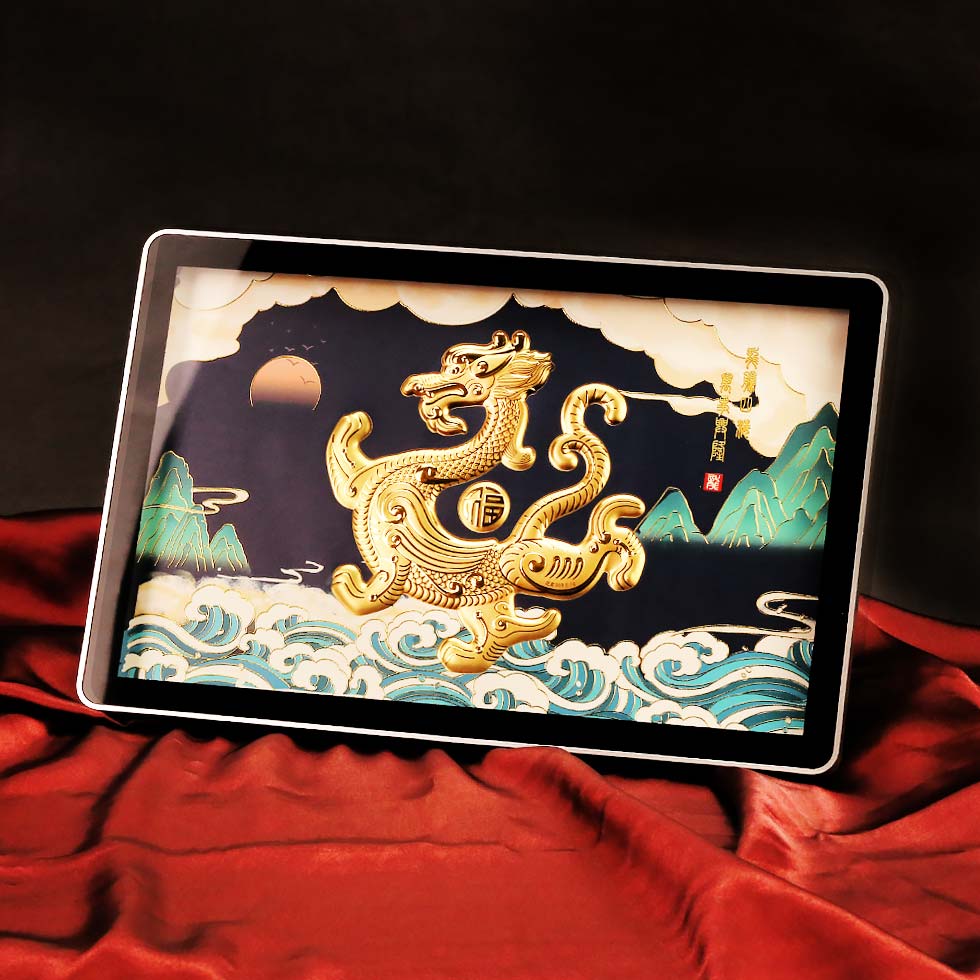 退休送禮推薦 龍黃金金箔畫擺件-金鴻騰海