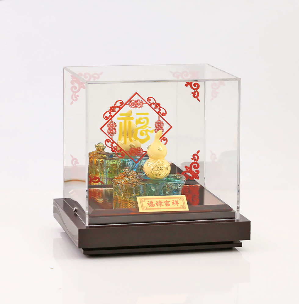 葫蘆福祿吉祥純黃金藝術擺件整體展示,象徵入厝禮首選的福氣與財運,結合晶透琉璃與金色葫蘆,寓意福祿雙全。