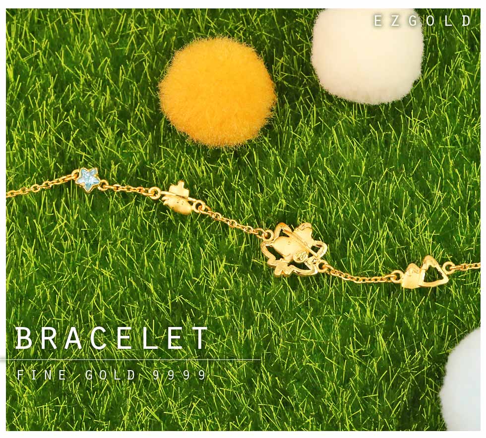 楓林秘境SNOOPY黃金手鍊全景展示,金寶珍銀樓9999純金搭配藍星寶石設計,象徵秋季浪漫與幸福相隨。