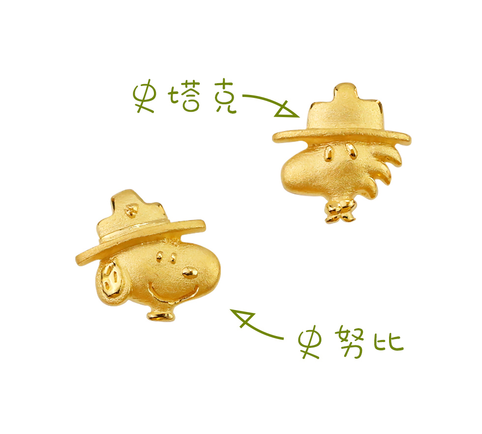 郊遊趣SNOOPY與史塔克黃金耳環細節照,純金材質精緻立體雕刻,呈現史努比開朗笑容與史塔克俏皮神情,彰顯品牌精湛工藝。
