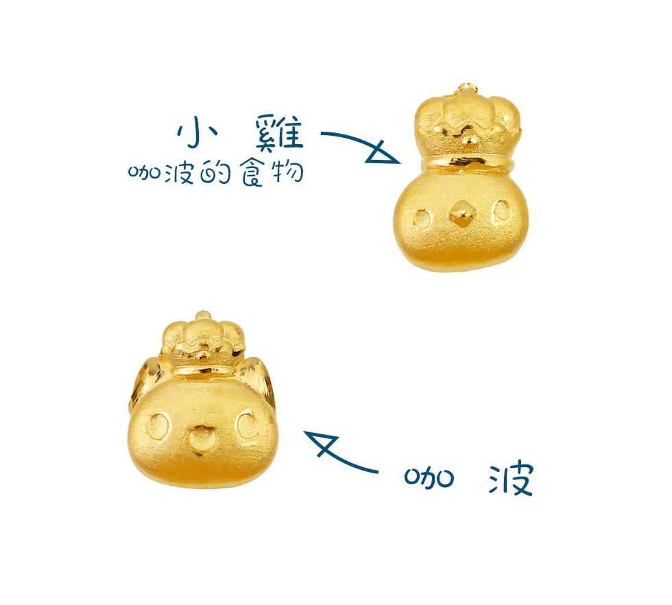 咖波國王與小雞純金耳環細節照,貓貓蟲咖波與小雞立體雕刻栩栩如生,展現金寶珍銀樓精湛的硬金工藝與夢幻質感。
