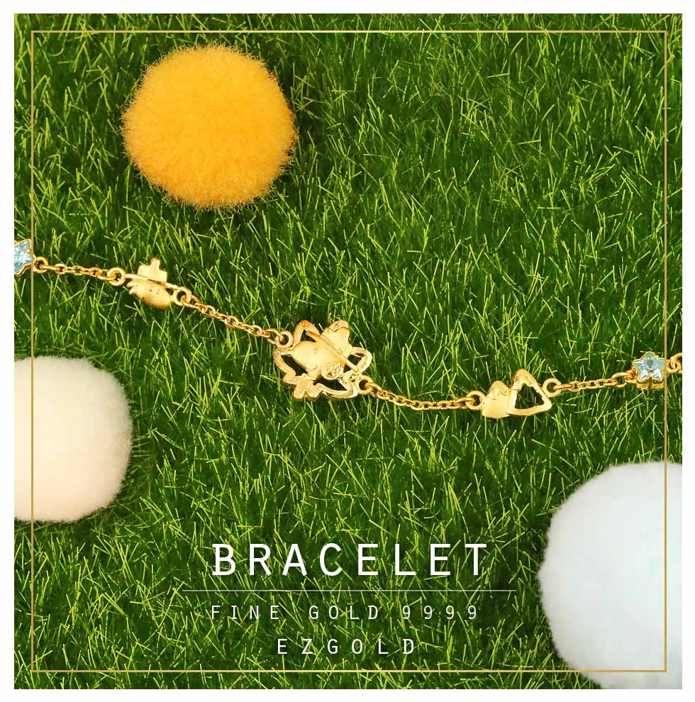 楓林秘境史努比黃金手鍊整體展示照,金寶珍銀樓設計9999純金SNOOPY造型串鍊,閃耀秋日楓光的溫暖氣息。