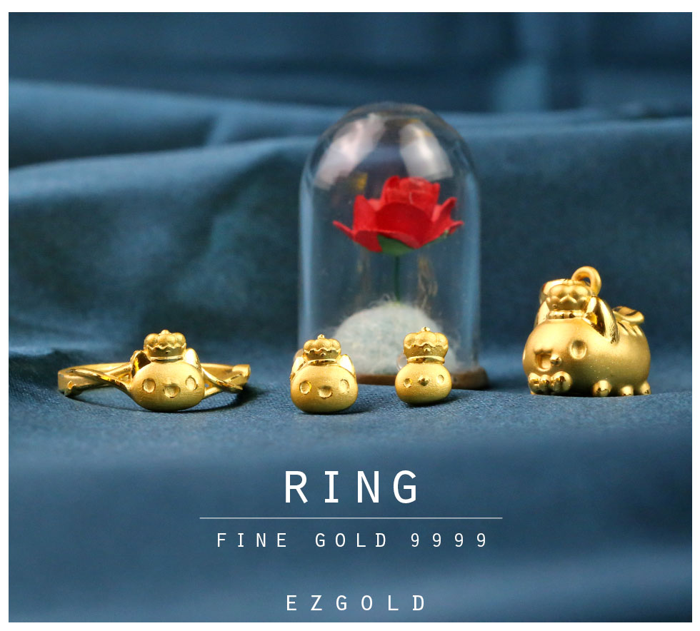 金寶珍銀樓國王咖波黃金戒指與耳環墜飾組合照,貓貓蟲咖波系列9999純金飾品完美呈現療癒與收藏價值。