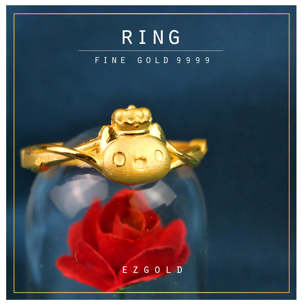 國王咖波黃金戒指主視覺照,金寶珍銀樓打造9999純金貓貓蟲咖波造型,皇冠與微笑表情展現萌系王者風範。