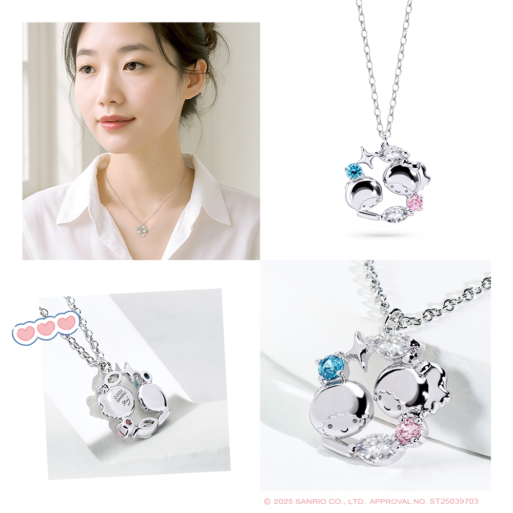 女模特兒配戴 LittleTwinStars 雙子星晶鑽純銀項鍊之佩戴示範照