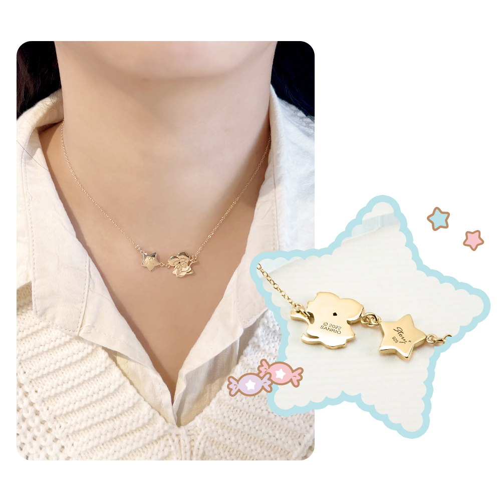 KikiLala 項鍊實戴照,星星吊牌與雙星仙子純銀小墜飾。