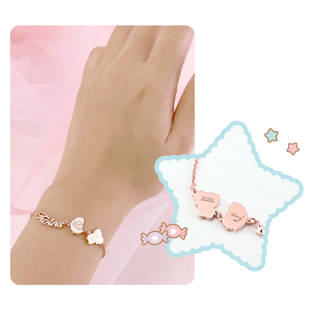 KikiLala 客製玫瑰金名字手鍊示範佩戴照與背面刻字細節